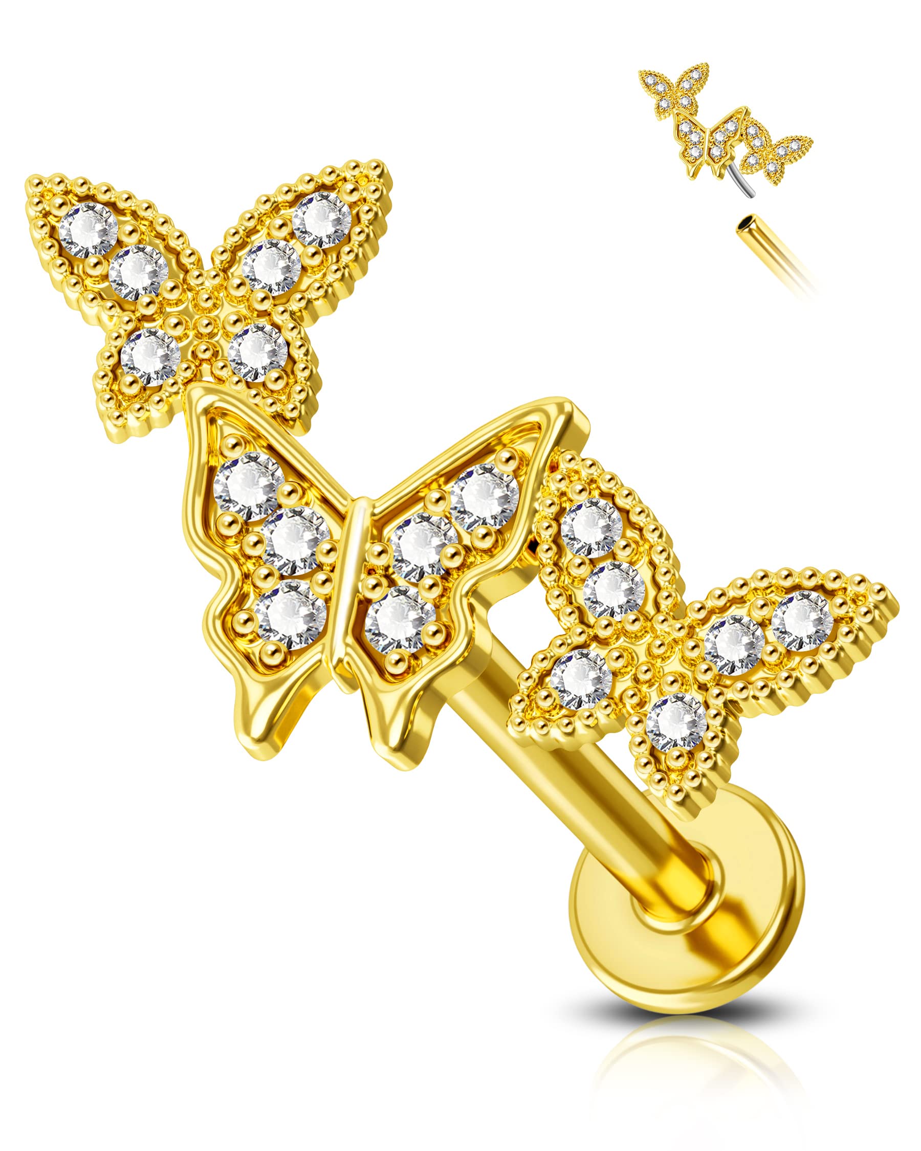 Jewseen14K Solid Gold Snake Cartilage Earring 16g Flat Back Stud Helix Piercing Jewelry Tragus Earring Conch Stud Titanium Labret Post Lip Ring Nose Stud for Women Men