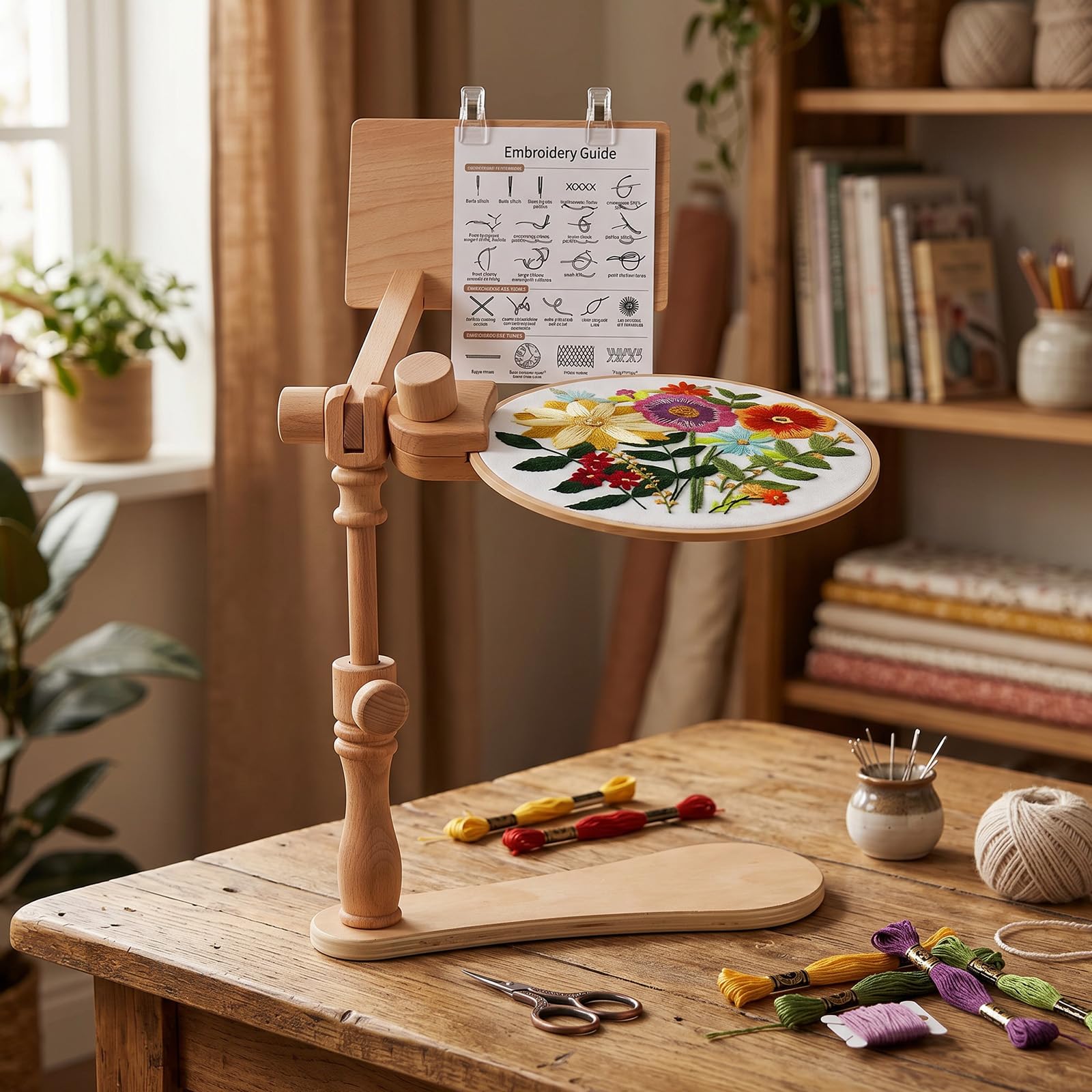 Foribyw 2-in-1 Adjustable Embroidery Hoop Stand with Wooden Chart Clamp