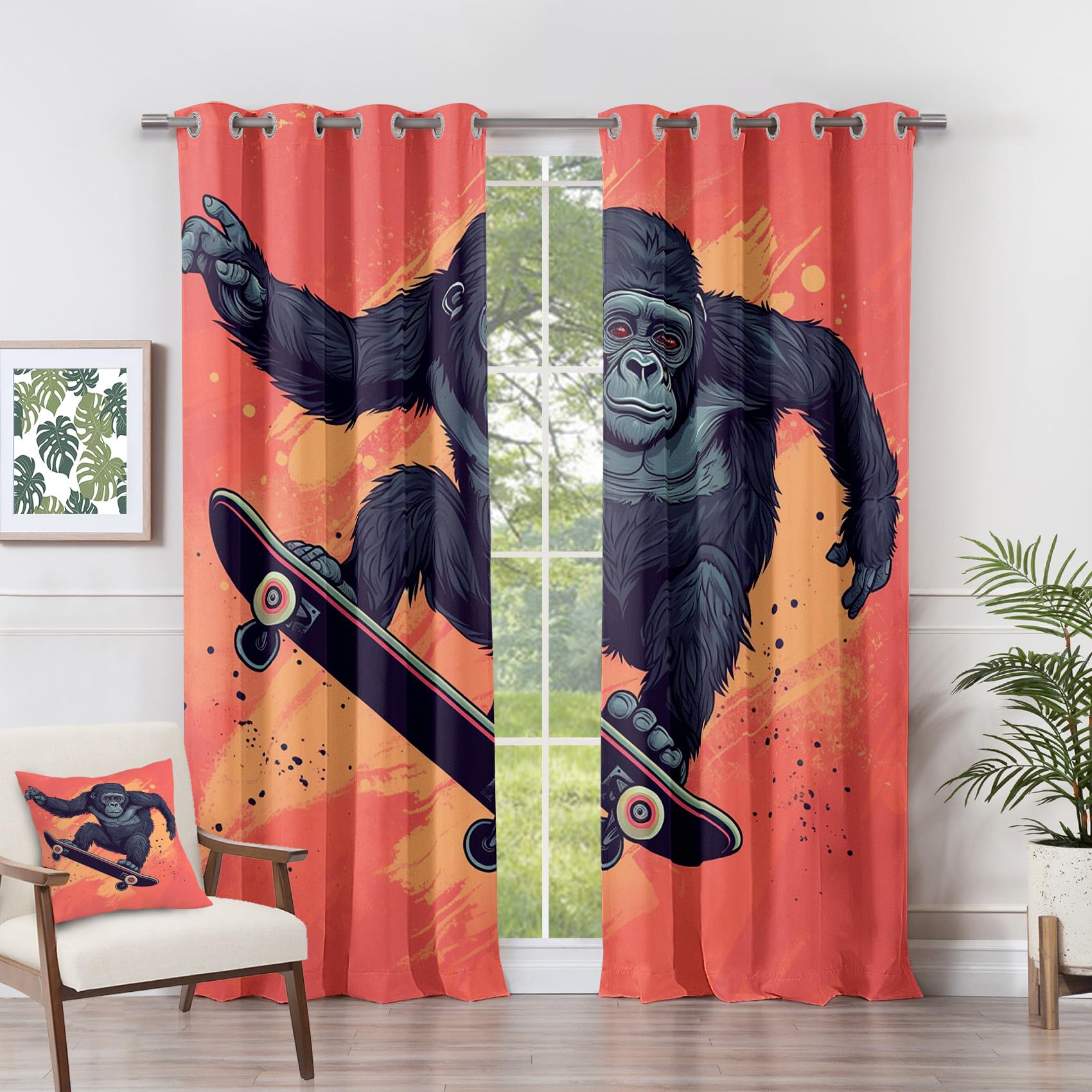 Blackout Wildlife Curtains - Gorilla Curtains - Funny Animal Skateboard Blackout Curtains 46 x 54 Inch (Width x Drop) 2 Panels, Skater Cartoon Animal Eyelet Curtains & Drapes