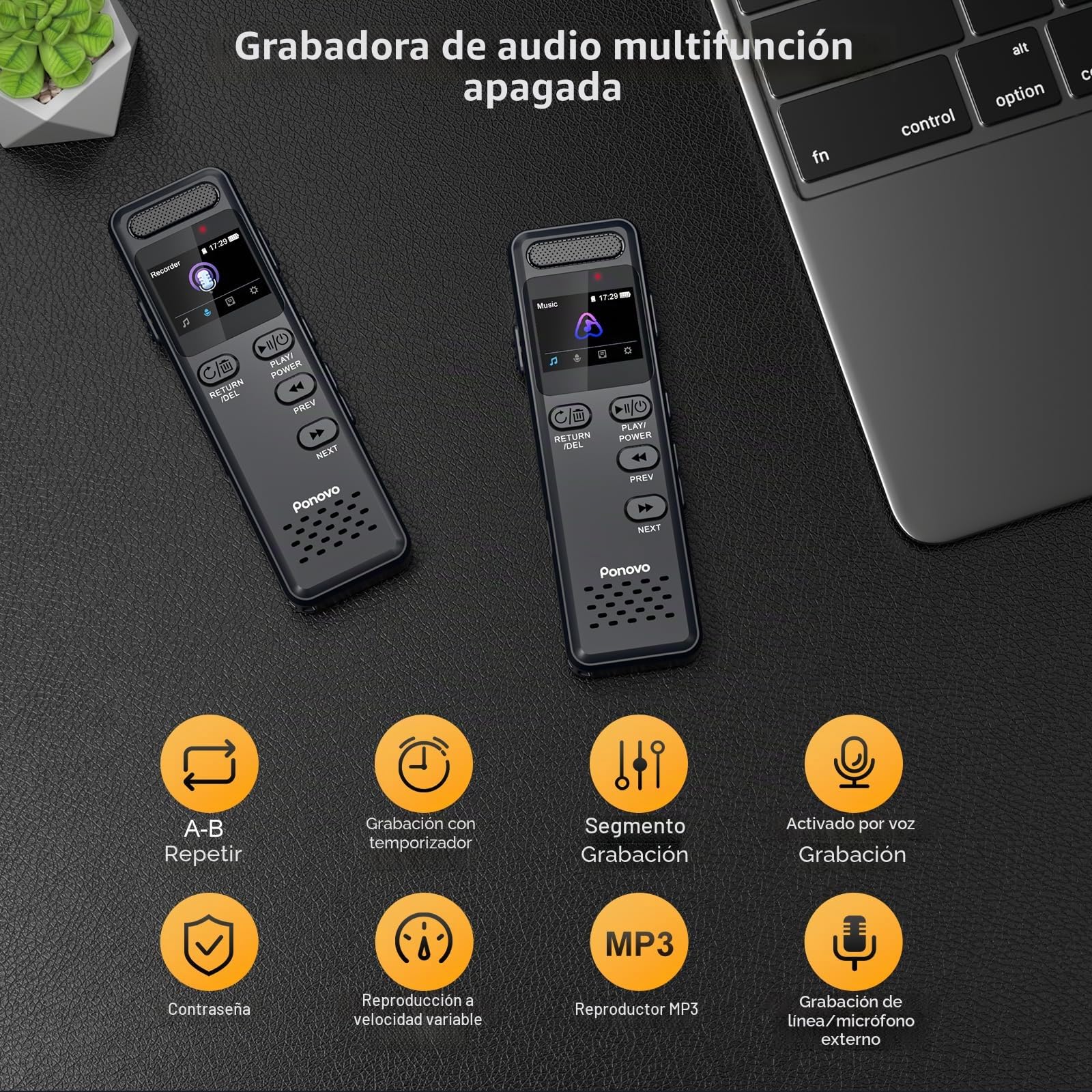 80GB Grabadora de Voz 100H Grabación Continua, Ponovo Grabadora Digital Activada por Voz 1536Kbps HD con Micrófono Ext, 1100mAh Grabadora de Voz Pequeña con Contraseña para Reunione Entrevista Clase | 64GB Tarjeta de Memoria, 16GB Memoria Integrada, 1100m