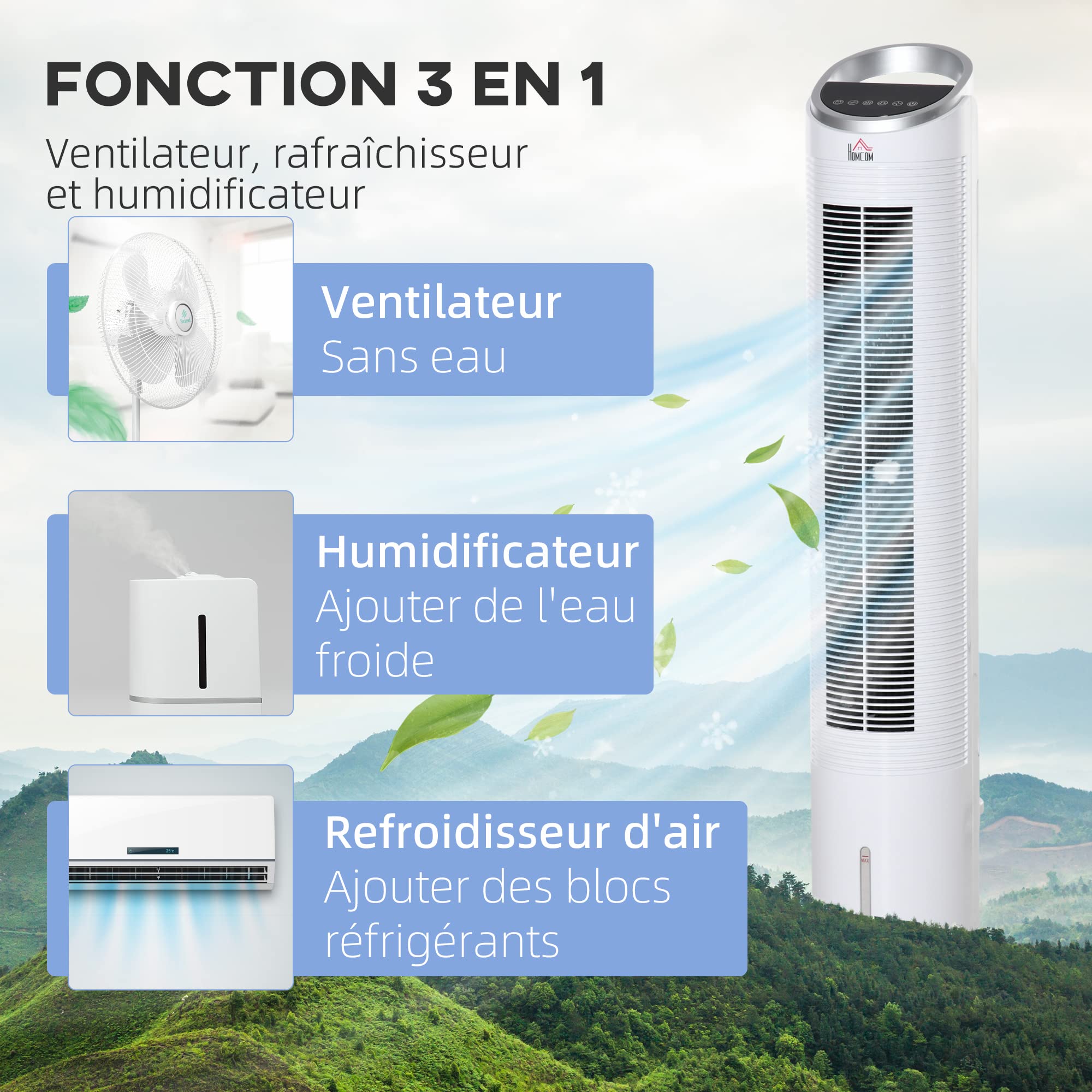 HOMCOM Rafraîchisseur d'air/ventilateur colonne/humidificateur/purificateur 4 en 1-oscillant-timer, 3 modes, 3 vitesses - télécommande réservoir 2L avec 2 blocs réfrigérants