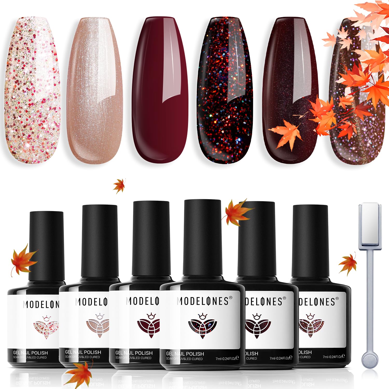 modelones Gel Nail Polish Set 6 Colors Brown Red Nude Cat Eye Gel Nail Polish With Magnet Glitter Burgundy Cherry Mocha Bloody Sparkle Soak Off Led Nail Art DIY Salon Gifts For Women Girl