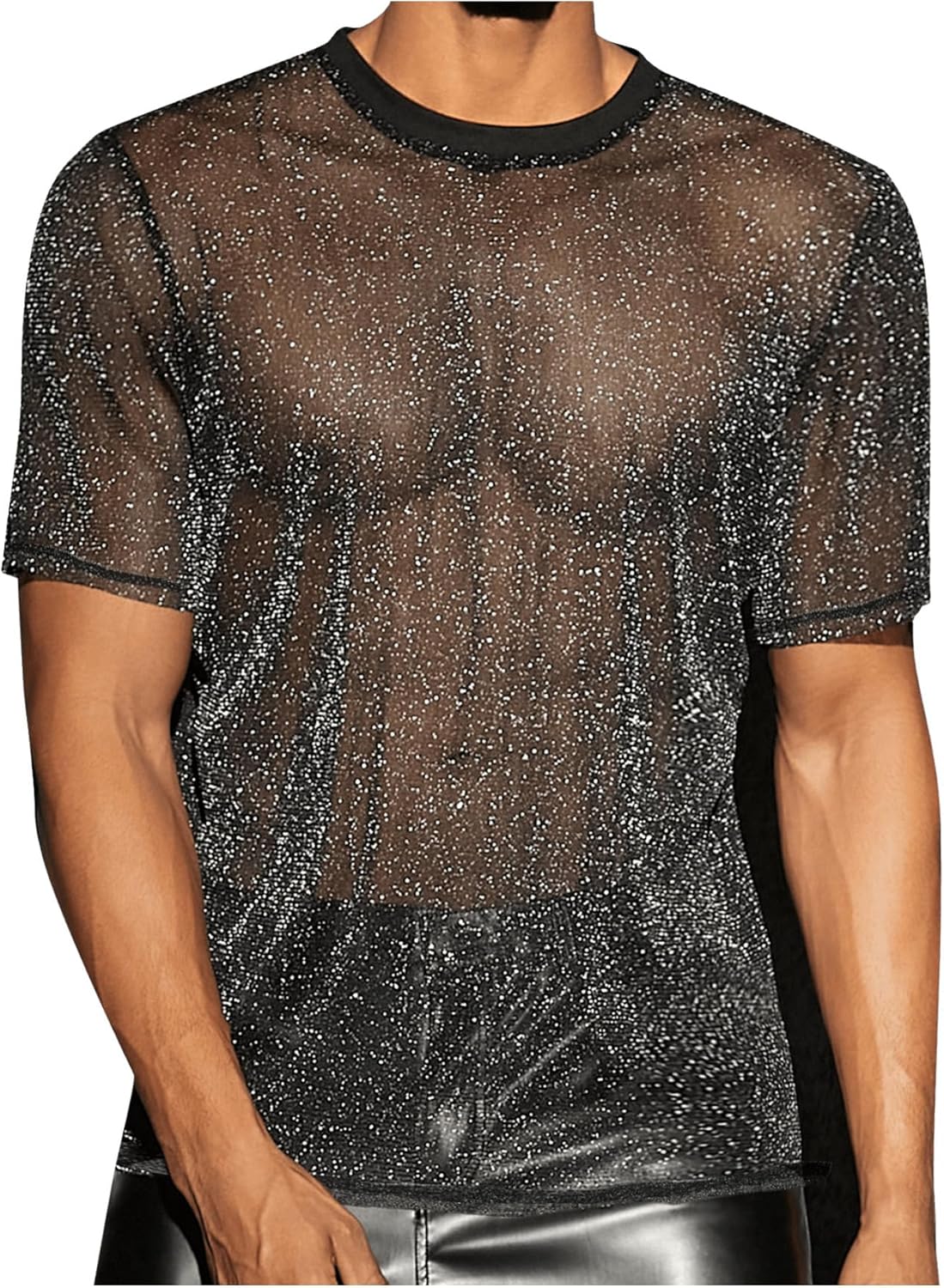 WDIRARA Men's Glitter Mesh Sheer T Shirt Rave See Through Shirt Short Sleeve Top Tee