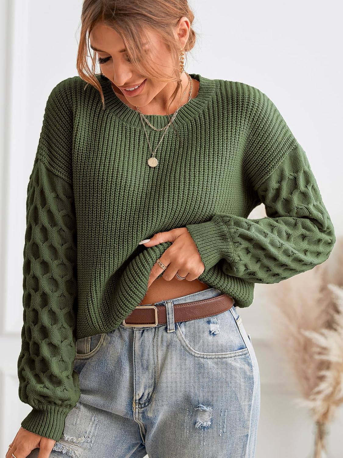 CUPSHE Women's Cable Knit Sweater Long Sleeve Crew Neck Sweaters Fall Pullover Sweater Tops - Image 2