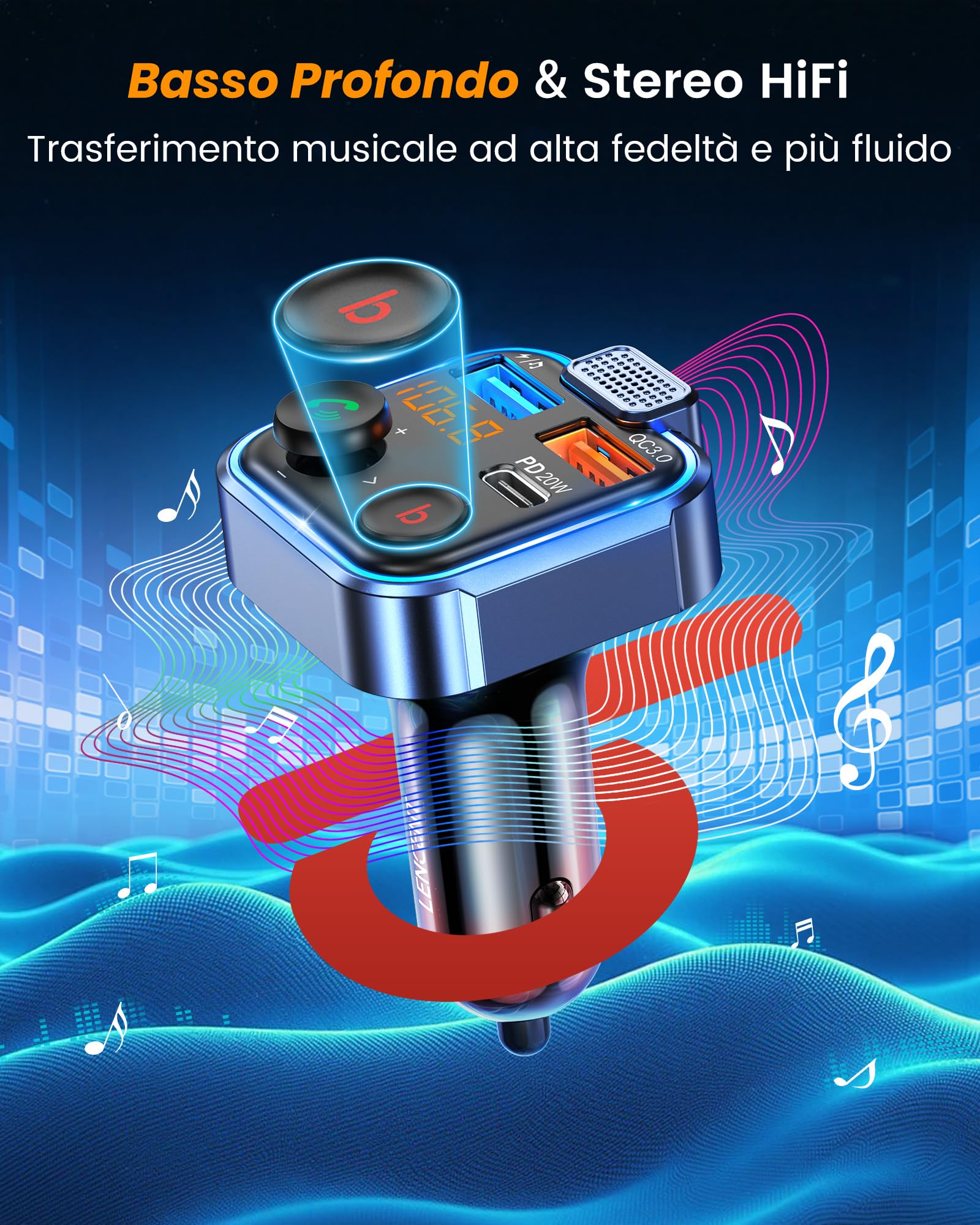 LENCENT Trasmettitore Bluetooth 5.0 per Auto, Musica Bluetooth Auto con Bassi Profondi e Suono Hi-Fi lossless, Ricarica Rapida Tipo-C PD 20W e QC3.0, Supporto Disco U-Luce Blu Sfumata