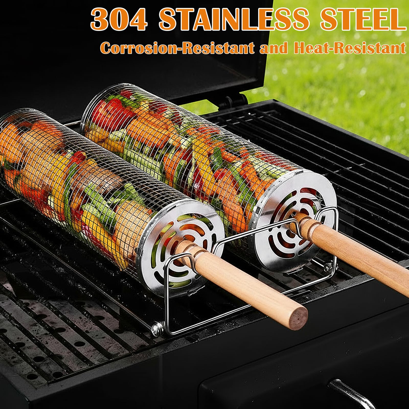 Cestello Rotante Per Barbecue Wesoke In Acciaio Inox 430 - Griglia Tamburo 30 Cm Con Gancio E Forchetta - Perfetto Per Verdure, Gamberi E Pesce