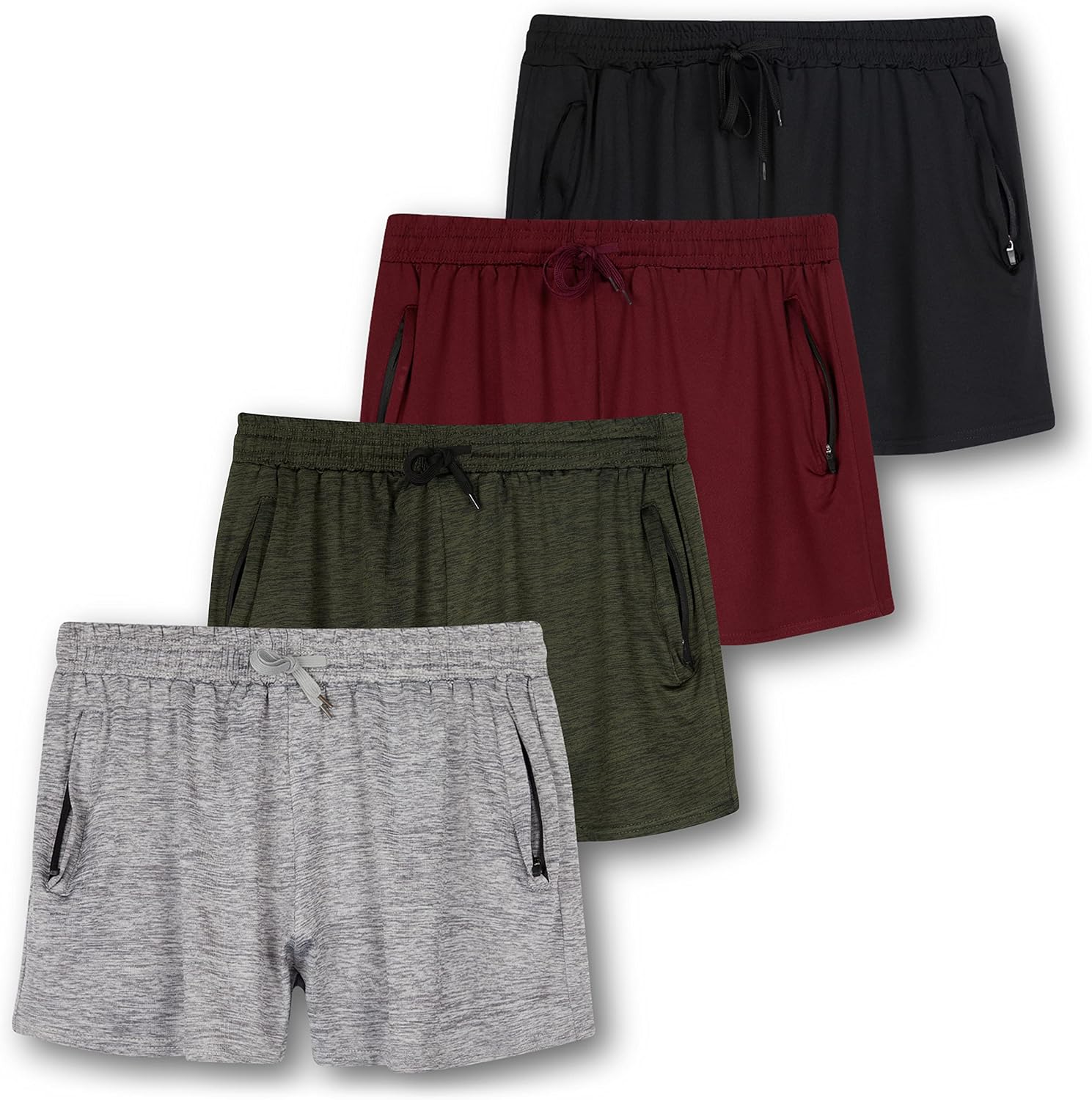 Real Essentials 4 Pack: Womens Athletic Dry-Fit Lounge Shorts with Zipper Pockets (Available in Plus Size)