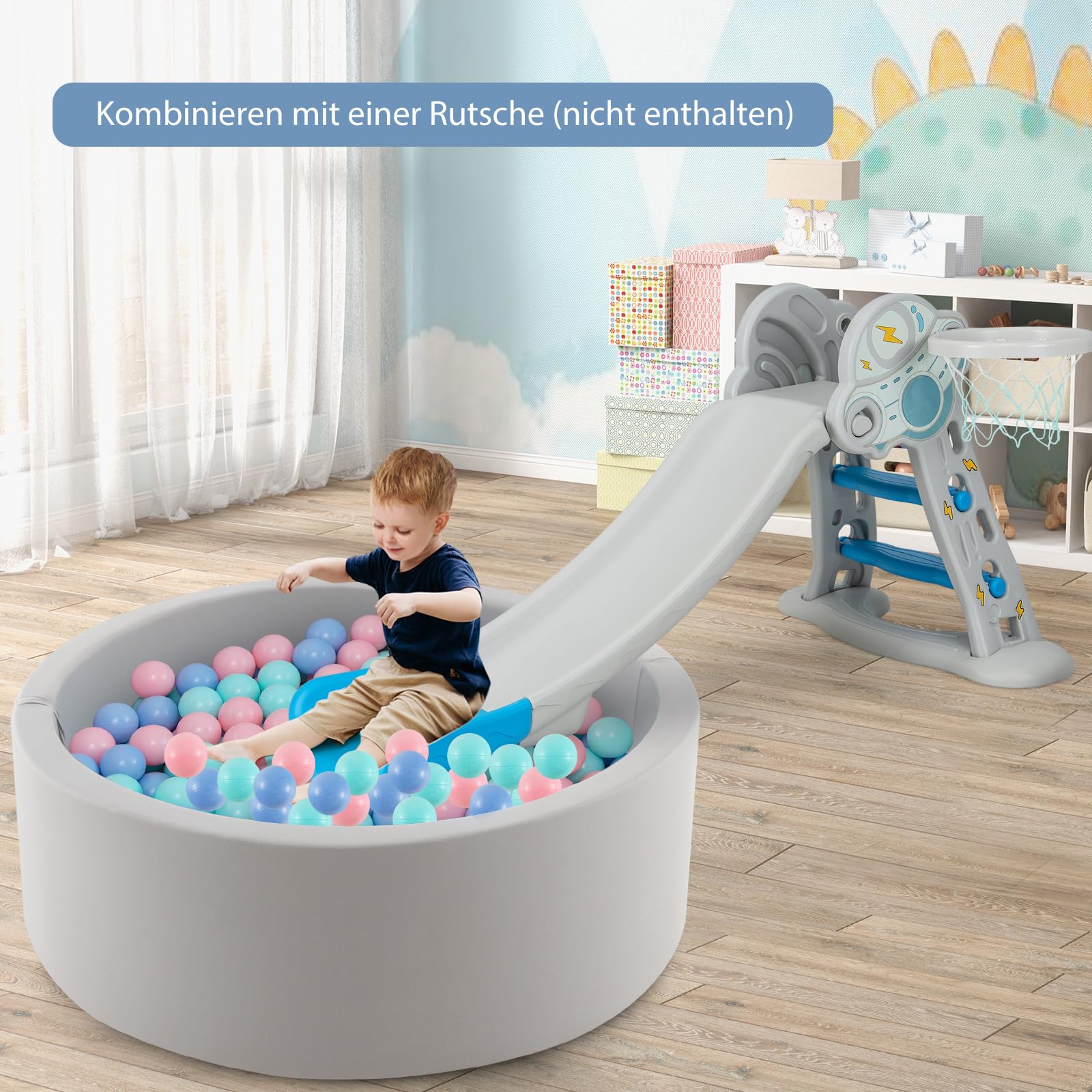 COSTWAY Basen z piłkami z 200 piłkami, basen z piłkami 90 x 30 cm, w zestawie zdejmowana mata podłogowa i poszewka nadająca się do prania w pralce, okrągłe doły z piłkami, grubość 5 cm, szary