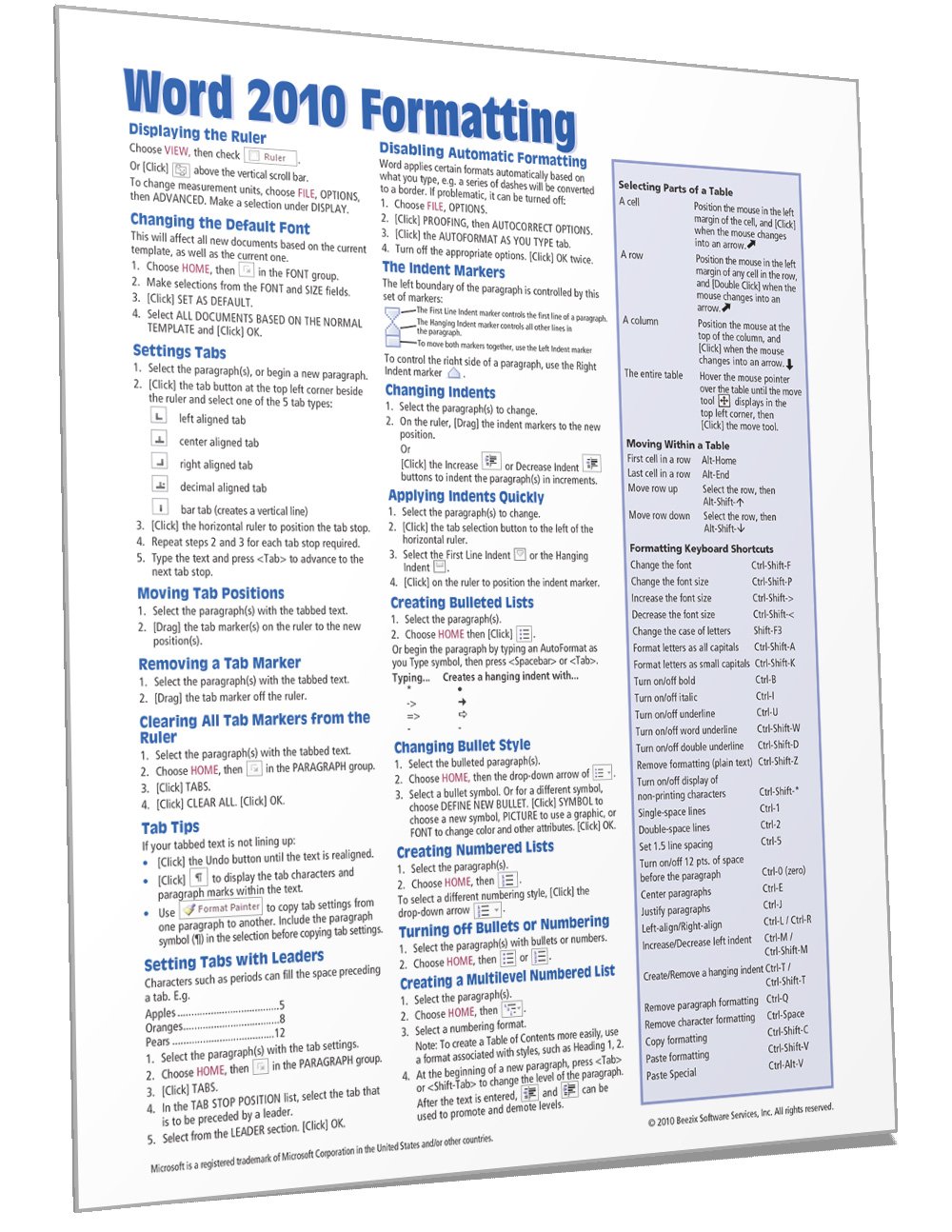Microsoft Word 2010 Formatting Quick Reference Guide (Cheat Sheet of Instructions, Tips & Shortcuts - Laminated Card)