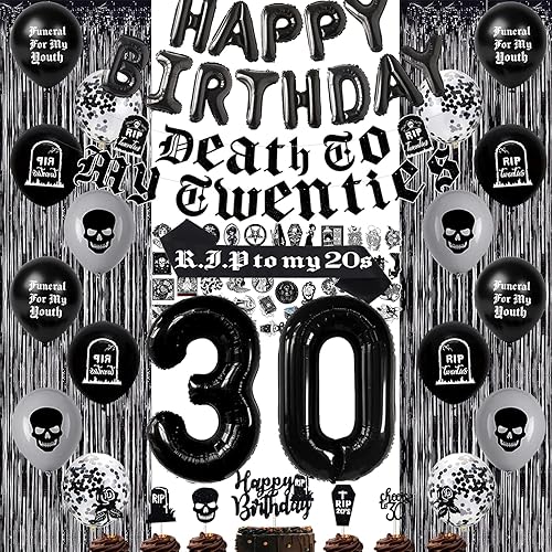 Decoraciones negras de cumpleaños número 30 para mujeres u hombres, decoraciones de muerte a mis 20, pancarta de la muerte a mis veinte con el