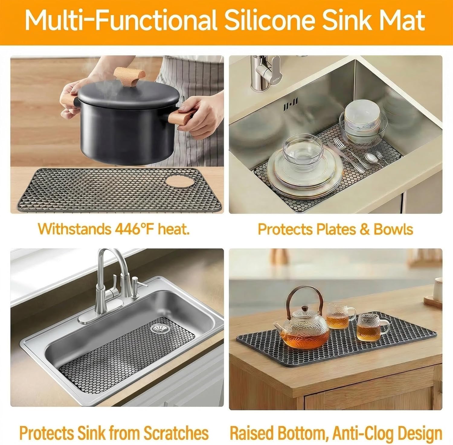 Silicone Sink Mat, 28.62"x 14.76" Heat-resistant Sink Protectors, Drying Mats for Kitchen of Bottom Farmhouse Porcelain Stainless Steel, Kitchen Accessory, Right & Left Drain（Grey）
