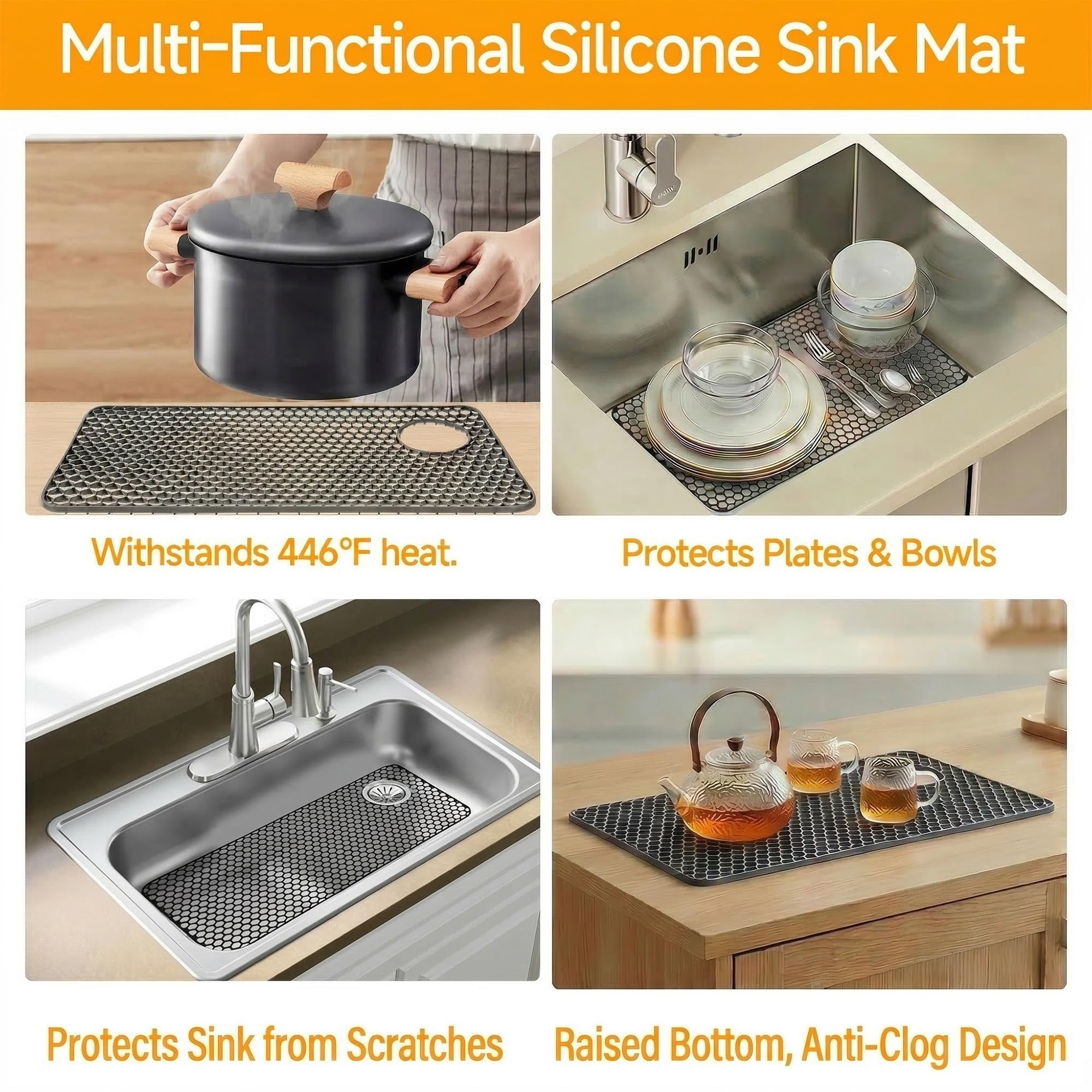 Tappetino in silicone per lavello, 72 x 37,4 cm, resistente al calore, tappetino scolapiatti per cucina, fondo in porcellana e acciaio inossidabile, accessorio da cucina, scarico destro e