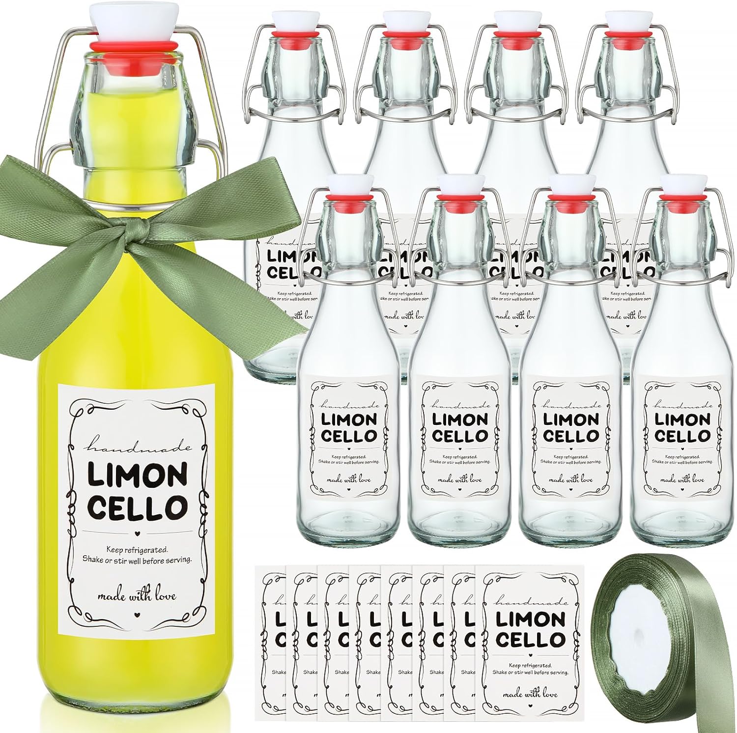 Teenyyou 8 Set 8.5 oz Limoncello Bottle Swing Top Glass Bottles for Limoncello Homemade Flip Top Brewing Bottles Airtight Cap Lids with Stickers and Ribbon for Home Wedding Baby Shower Party Favors
