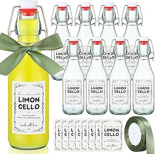 8 Set 8.5 oz Limoncello Bottle Swing Top Glass Bottles for Limoncello Homemade Flip Top Brewing Bottles Airtight Cap Lids with Stickers and Ribbon for Home Wedding Baby Shower Party Favors