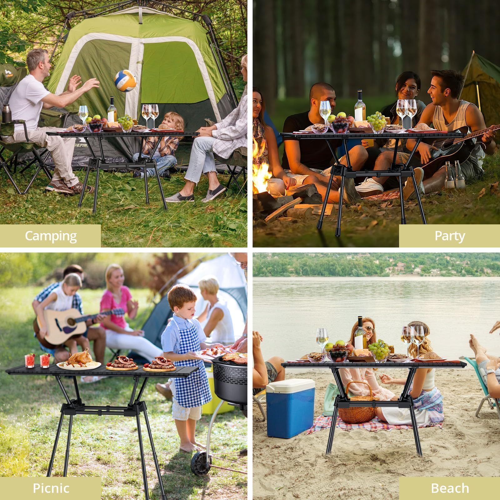 Anbte Table de camping pliante de 0,9 m, 4 hauteurs réglables, table de camping enroulable en aluminium avec sac de transport, portable, imperméable, pour pique-nique, extérieur, voyage, jardin, plage
