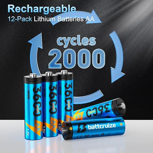 Miniatura 2 de Paquete de 12 baterías AA recargables con cargador inteligente de 12 ranuras, baterías AA de litio constante de 3600 mWh 1.5 V, batería doble A