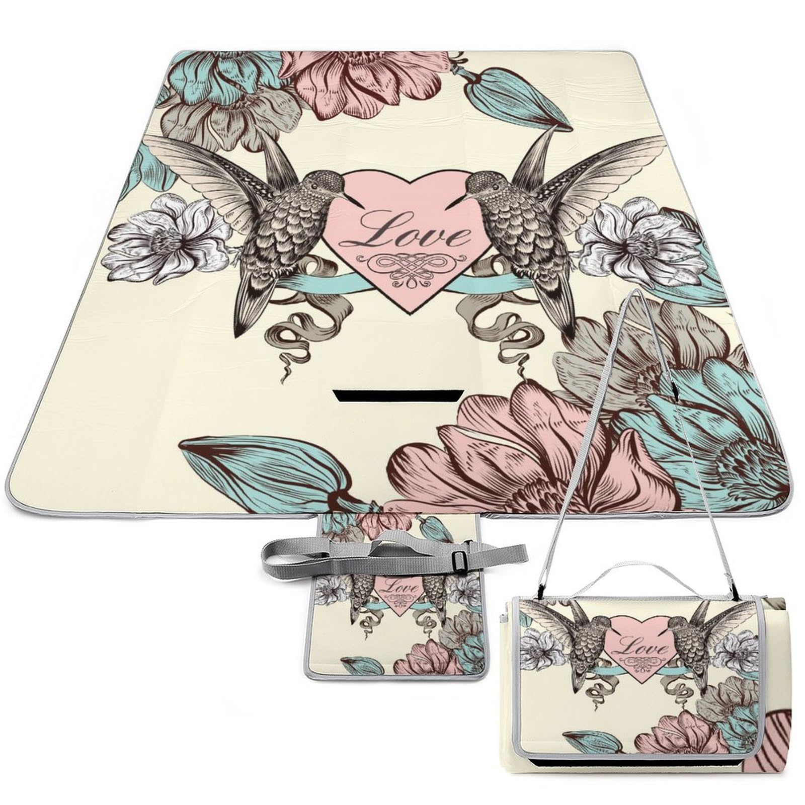 Love-Background Picnic Blanket Waterproof Foldable, Large Outdoor Picnic Blanket Beach Blankets Camping Blanket Travel Mat, Shoulder Strap Tote, Rectangle 58x58in