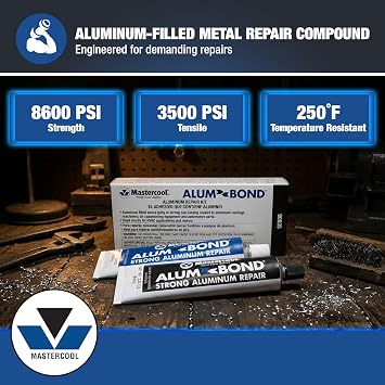 Mastercool 90935 Alum Bond Aluminum Repair Compound High-Strength Aluminum-Filled Epoxy for Castings, Radiators, Tanks & Engine Components Machinable Metal Repair Solution