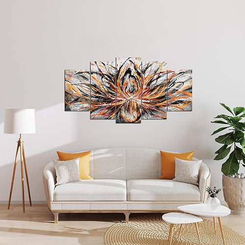 Miniatura 4 de sechars Lienzo abstracto grande de 5 piezas, arte de pared vintage de flores de loto naranja, impresiones de arte zen para el hogar, oficina, sala