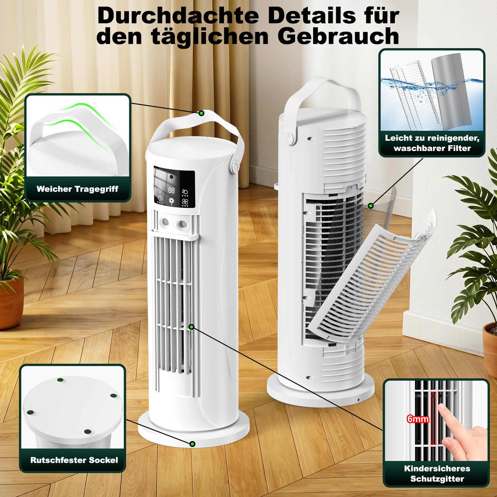 Mobile Klimaanlage Mini mit Kühl- und Befeuchtungsfunktion, Wassernebel-Technologie, 4 Timer-Stufen, 120° schwenkbarer Luftauslass, Weiß