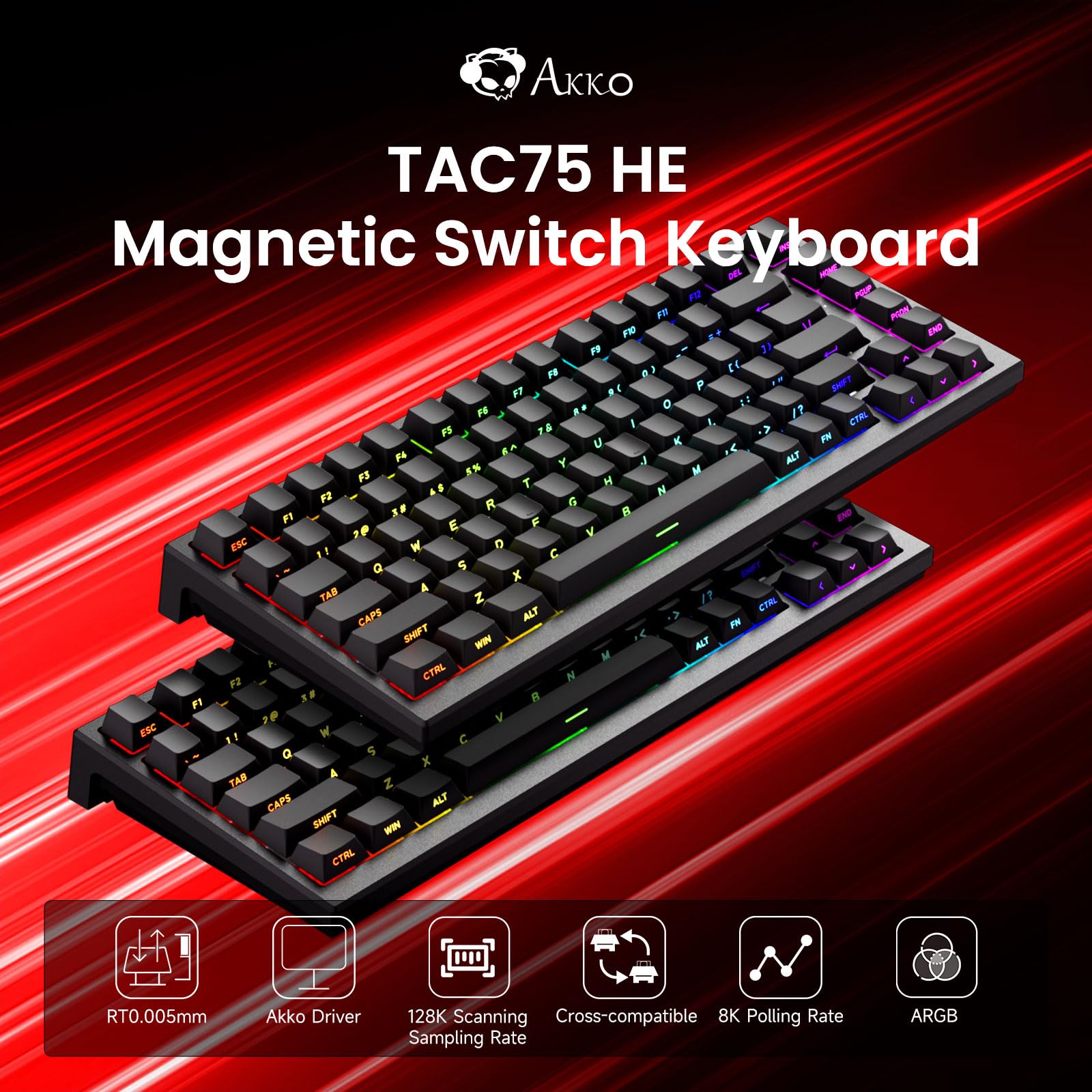Akko Tastiera gaming cablata a grilletto rapido TAC75, switch magnetici ad effetto Hall, layout USA al 75%, frequenza di polling di 8K Hz, tasti in PBT (nero lucido, switch magnetico antiriflesso)