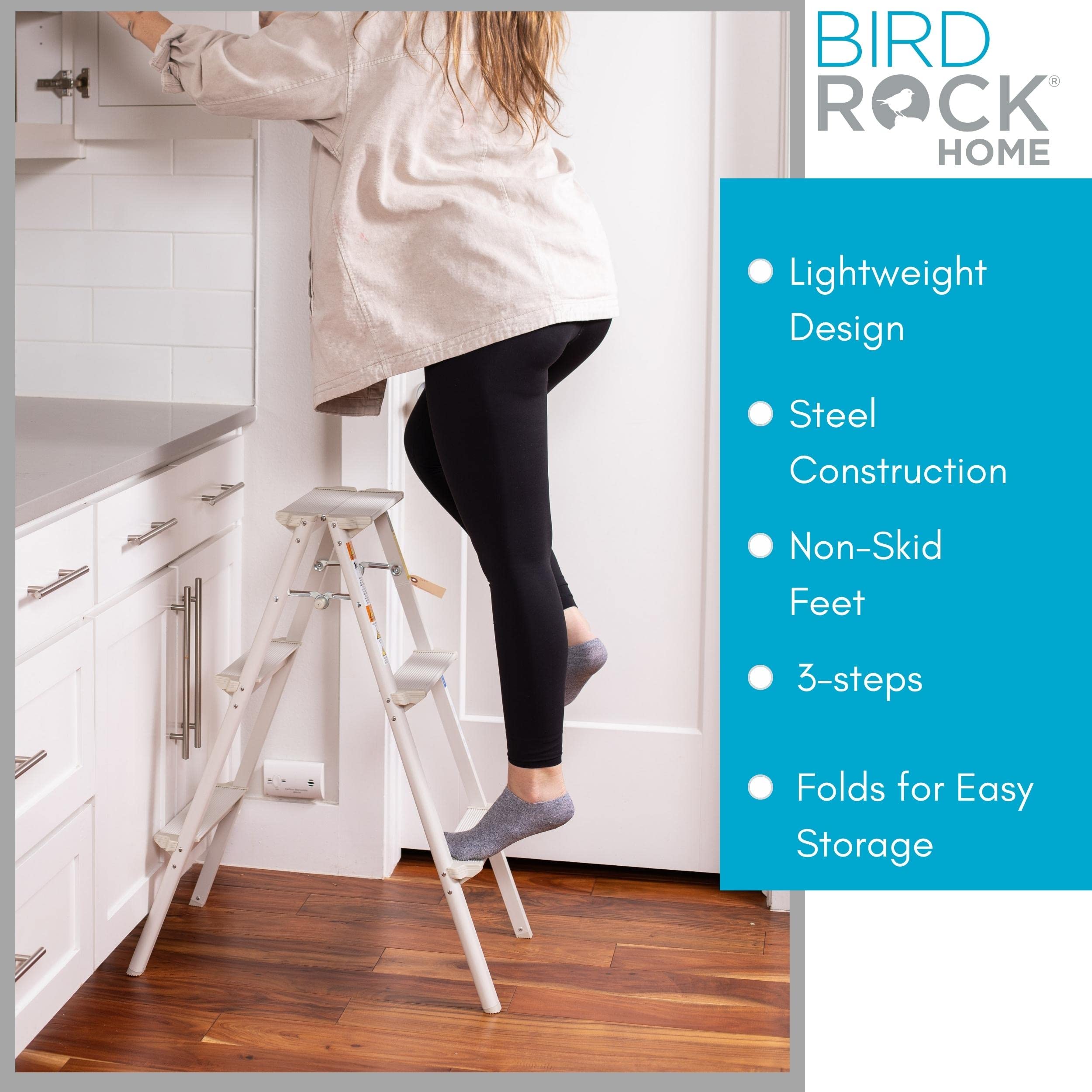 BIRDROCK HOME 3 Step Compact Steel Step Ladder - Sturdy Thin Folding Stool - Anti-Slip Steps - Great for Your Kitchen, Pantry, Closets, or Home Office - Indoor Stool - Silver (3 Step)