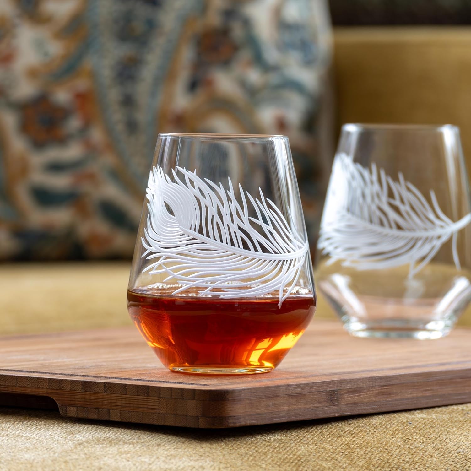 Rolf Glass Peacock Stemless Wine Glass | 18oz Stemless Wine Tumbler | Lead-Free and Diamond-Wheel Engraved | Made in America | Set of 4