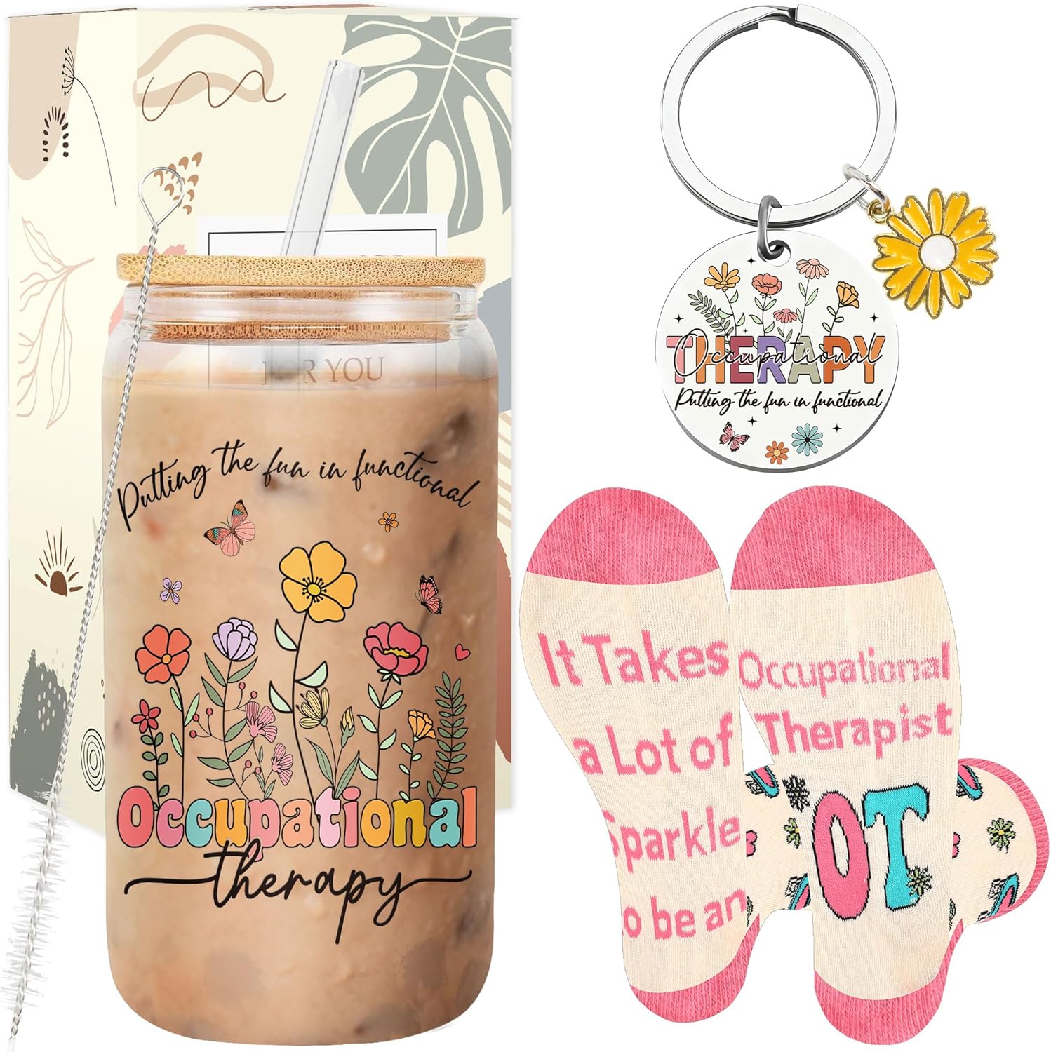 Occupational Therapy Gifts for Women, Appreciation Gift, Includes 16 oz Glass Keychain Sock, Birthday Christmas Thanks Present for Occupational Therapist