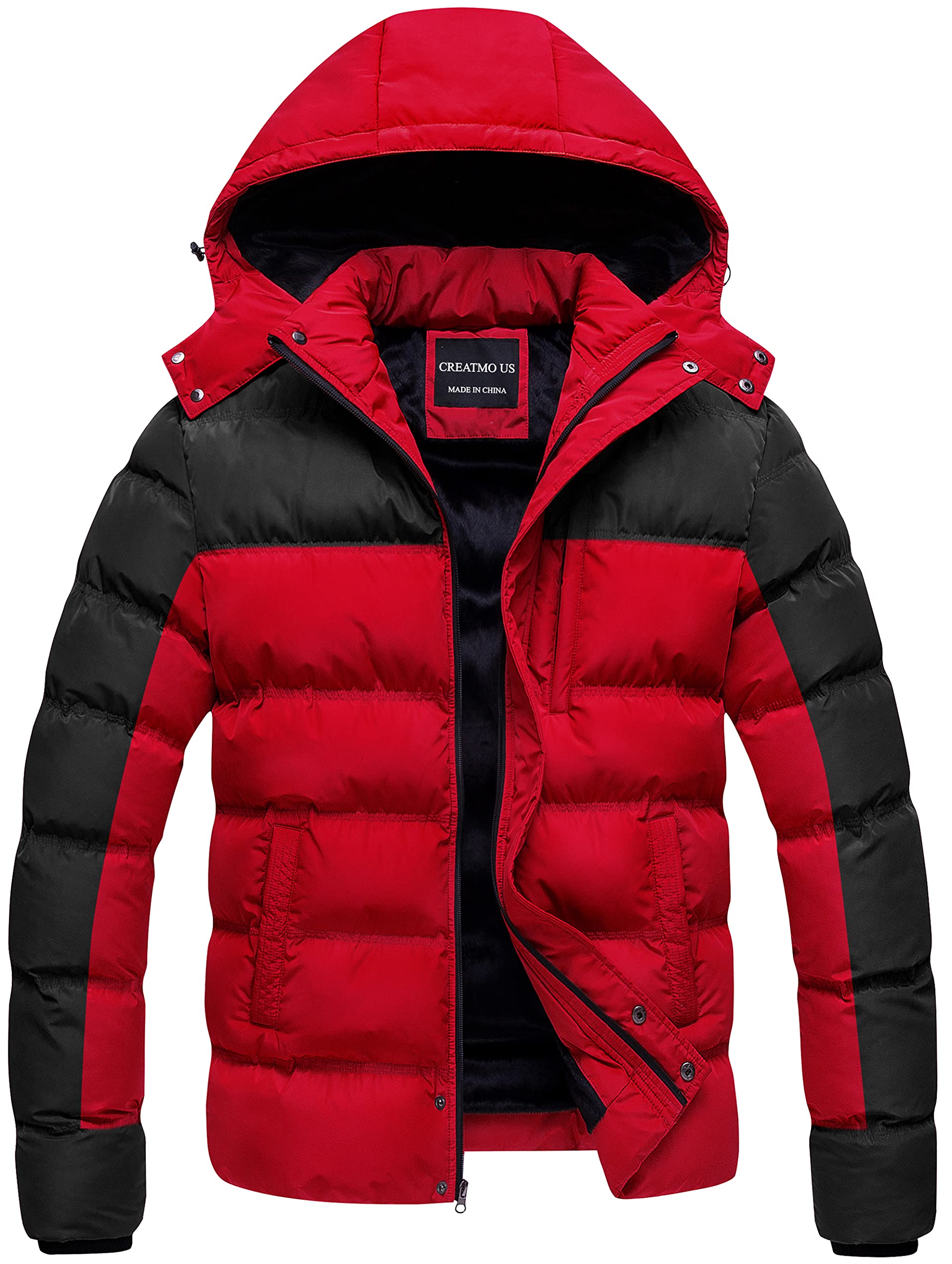 CREATMO US Men's Puffer Jacket Waterproof Winter Parka jacket Warm Thicken Ski Coat, Black & Red, L