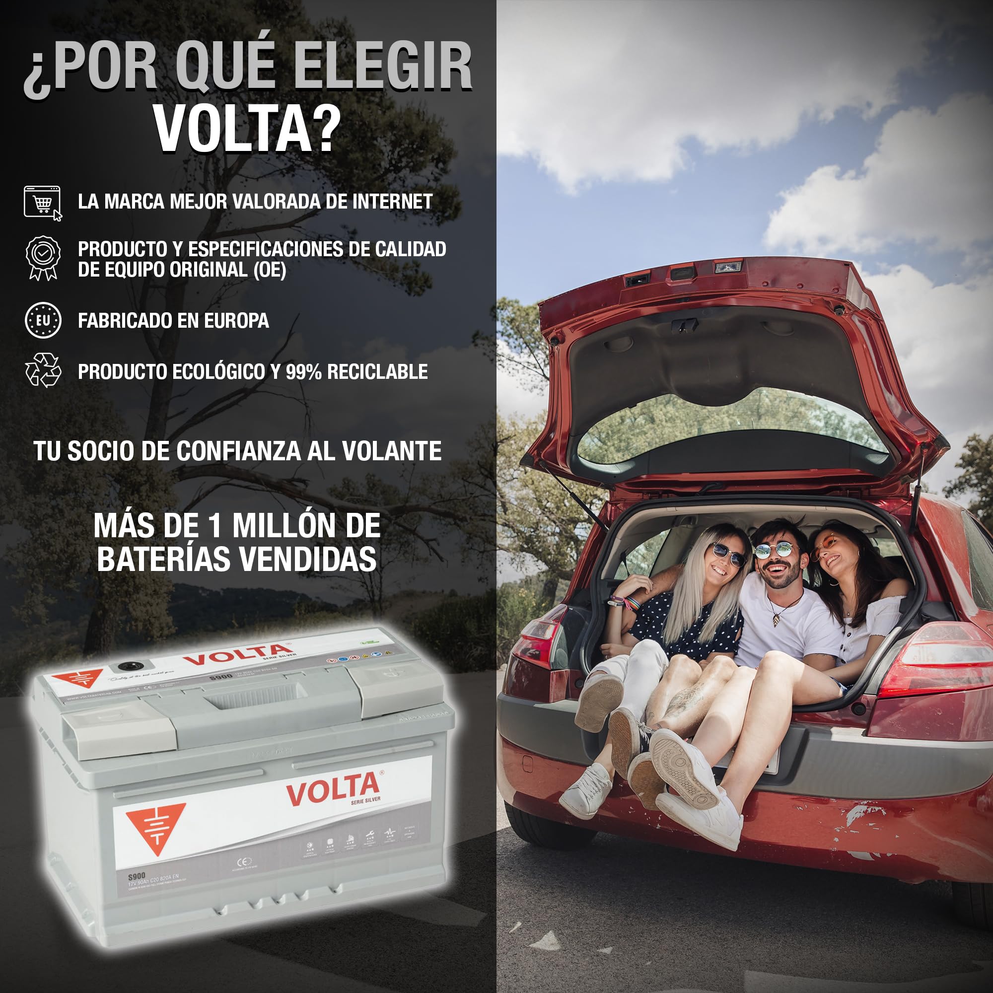 Bateria de Coche 90Ah 820A - Volta Silver S900D - Borne +Dcha - Medidas Largo 315 x Ancho 175 x Alto 175 mm con 2 años de Garantía - Fabricación Europea.