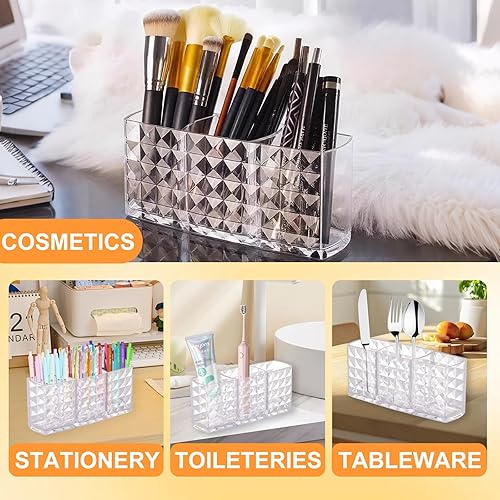 Miniatura 5 de 2 soportes acrílicos para brochas de maquillaje, organizador de cosméticos de 3 compartimentos, almacenamiento de encimera de tocador de baño,