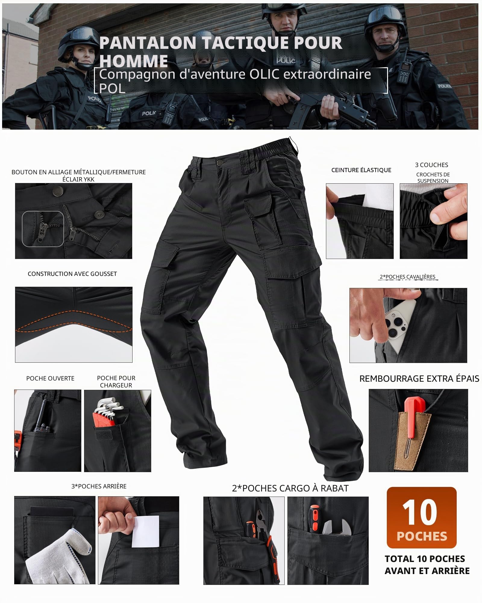 IGOLUMON Pantalon de Travail Homme Cargo Tactique - Pantalon de Sécurité Stretch avec 10 Poches - Tissu Anti-Déchirure & Taille Élastique pour Chantier, Randonnée et Tactique