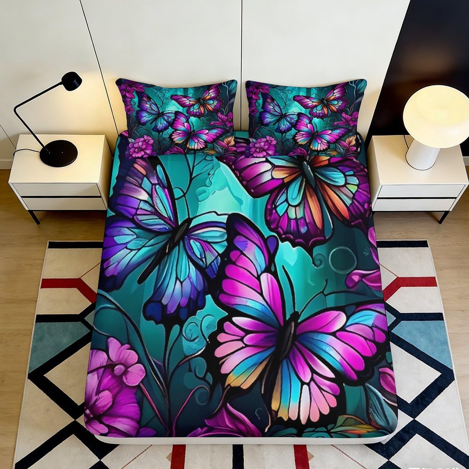 3D Printed Butterfly Floral Fitted Sheet Microfiber Soft Durable 3D Printed Bed Cover for Bedroom Dormitory Guest Room Mattress Protection 200x200x25cm