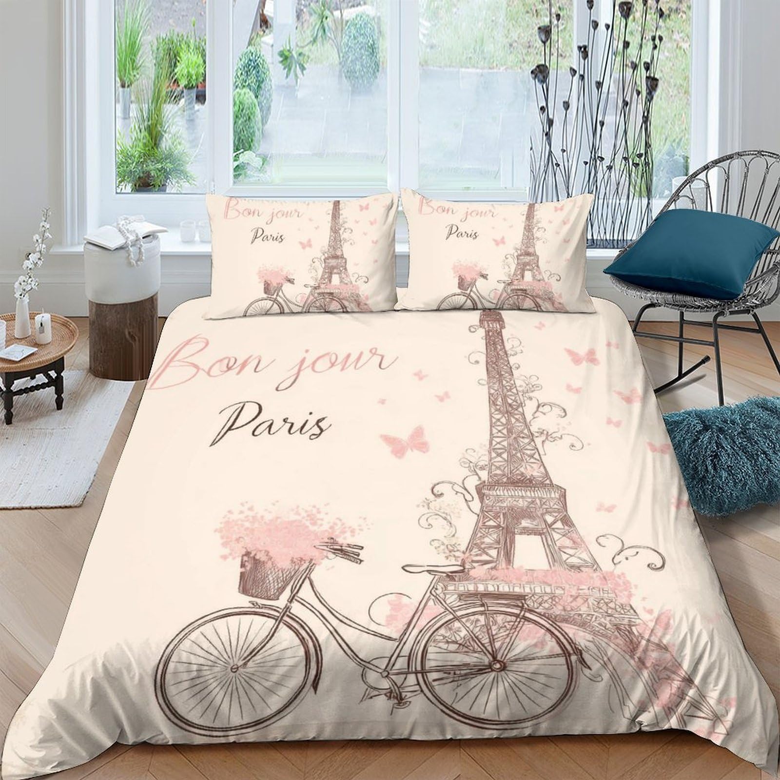 Ctjqhvkz Style-5 3D Printed Eiffel Tower Paris Fitted Sheet Microfiber Soft Pink Bicycle Mattress Cover For Bedroom Guest Room Decor Single（135X200cm）