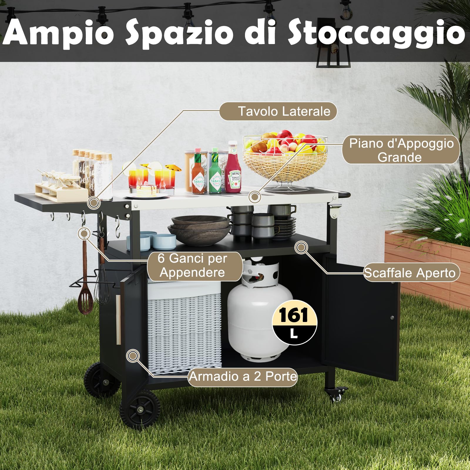 COSTWAY Carrello per Barbecue con 3 Ripiani e 2 Ante, Carrello da Cucina in Acciaio Inox e Ruote, Carrello Porta Griglia Multiuso con Tavolo Pieghevole e 6 Ganci, 127 x 50 x 84 cm