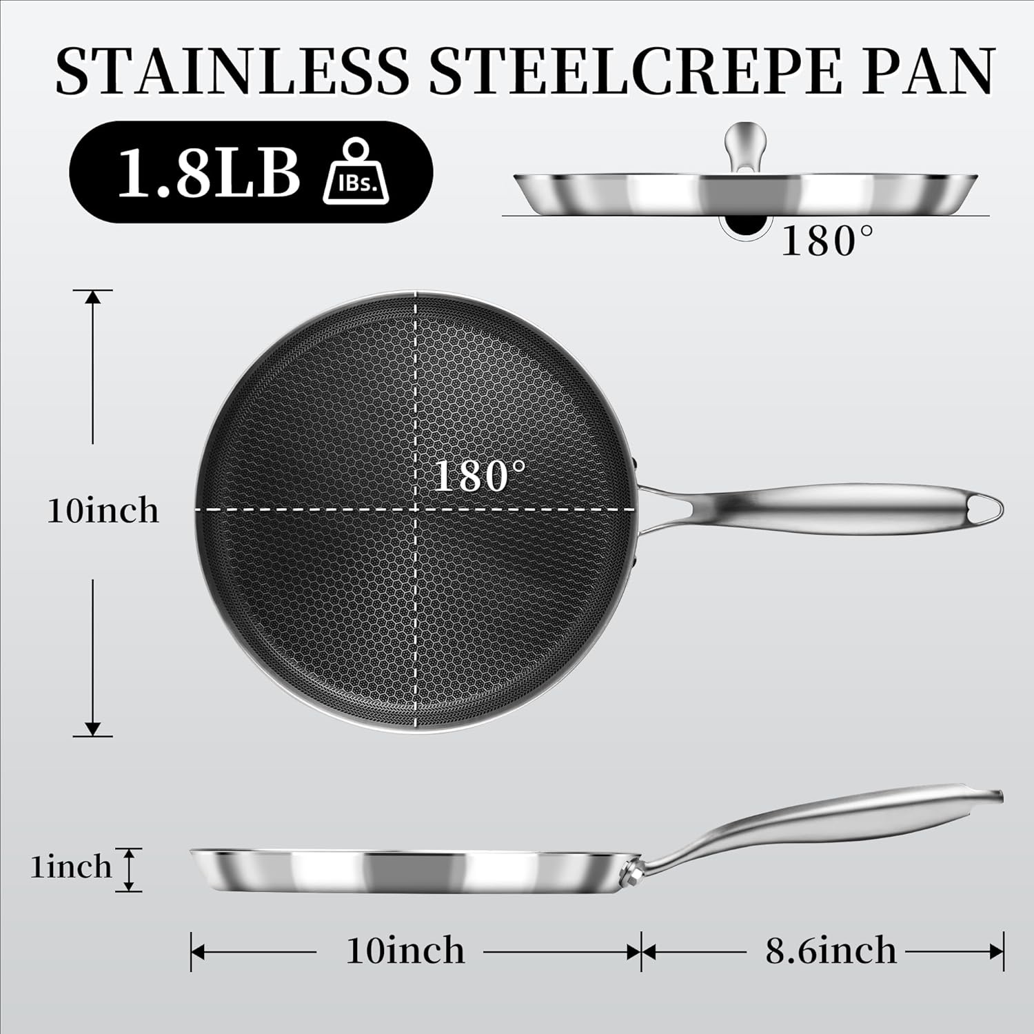 Innerwell Nonstick Crepe Pan 10 inch Stainless Steel Crepe Pan Honeycomb Coating Flat Skillet Tawa Dosa Tortilla Pan,Omelet Pan with All Stove Tops Available, Induction Compatible - Image 2