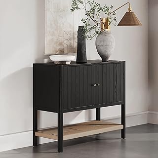 Nathan James Meads Mid Century Modern Cabinet with Doors, Solid Wood Kitchen Cabinet with Adjustable Interior Shelf and Seagrass Bottom Storage, Black Oak