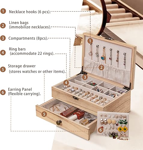 Miniatura 3 de Tektalk Joyero para mujeres y niñas, organizador de joyas, estilo granja, soporte de joyería para collares, aretes, anillos, pulseras, color marrón