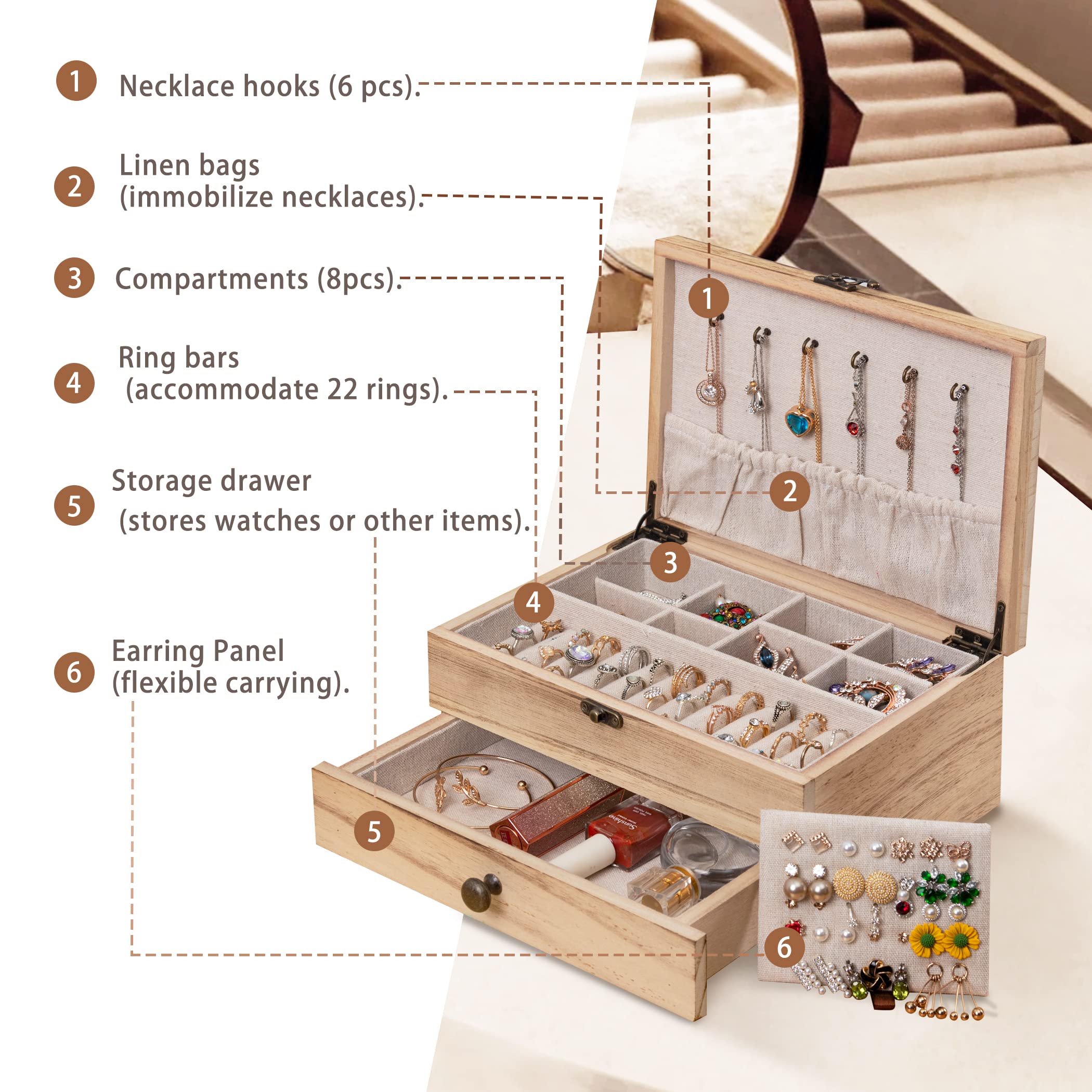 Tektalk Schmuckschatulle, Schmuck Organizer im Landhausstil, Schmuckhalter für Halskette, Ohrringe, Ringe, Armbänder für Damen und Mädchen - braun