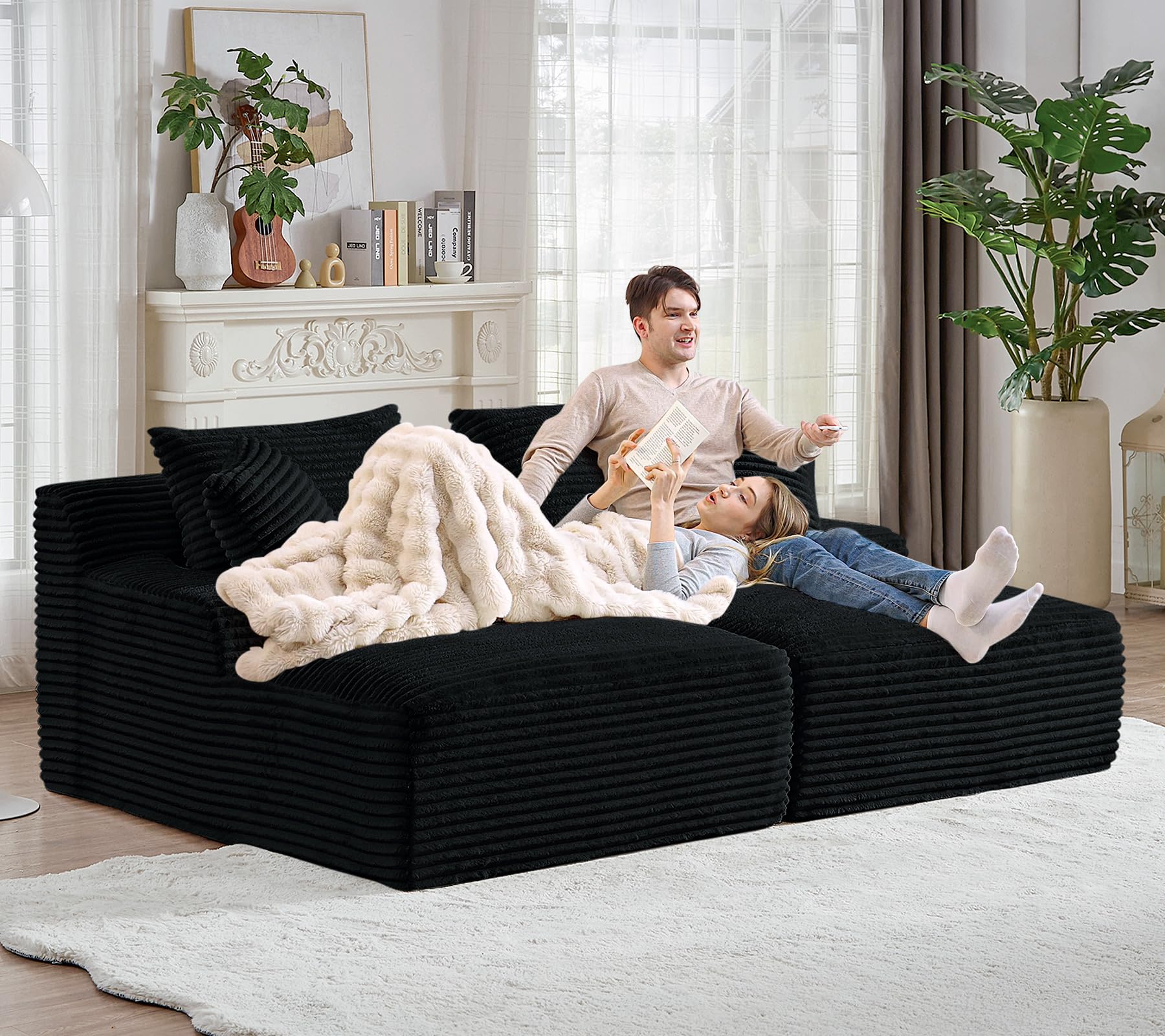 Oversized Chaise Lounge Chair Indoor, Modern 78-inch Upholstered Corduroy Love Seat Sofa Bed with 4 Throw Pillows and Armrests, Double Modular Sleeper