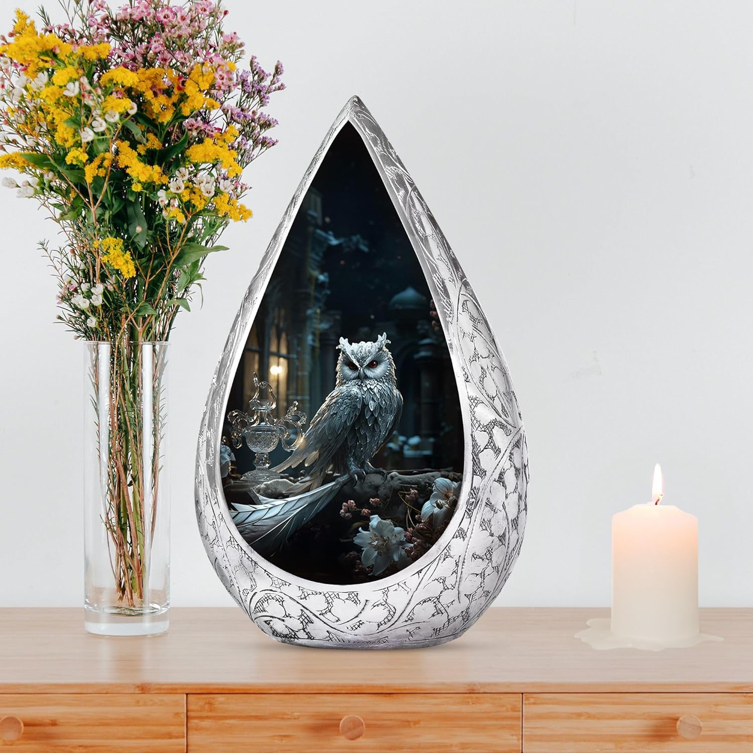 White Owl Elegant Adult Urns for Human Ashes Women and Men - White Flowers Cremation Urns for Women - Snowy Blue Large Drop Ashes Holder 10 Inch - Funeral Gift for Mom and Dad