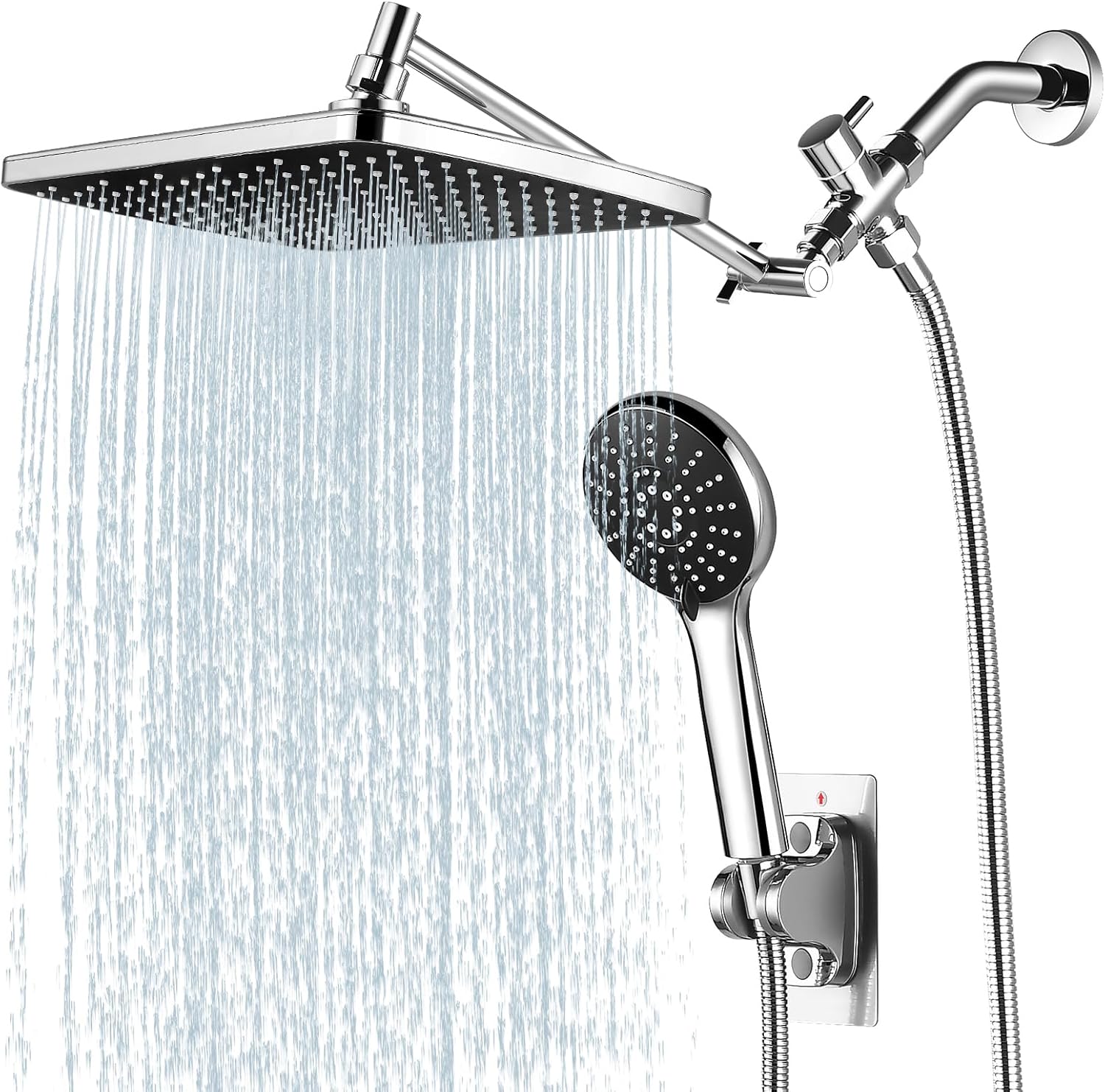 Chrome Shower Head with Handheld Combo,11.8 Inch Large Rectangular Rain Shower Head with 5 Modes Handheld Spray Combo,Adjustable Double Shower Heads with Holder and 11'' Extension Arm