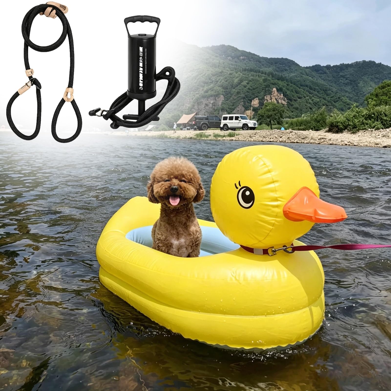 Duck Pool Inflatable for Small Dogs, Safety Dog Float Raft with Pump & Rope, Lightweight Pet Swimming Platform, Yellow Doggy Water Dock