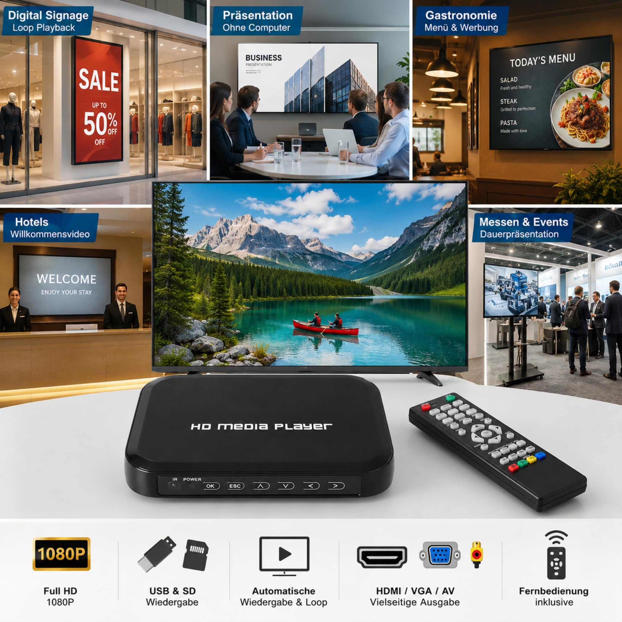 A28C Bolwins Full HD 1080P - Lettore video con HDMI/AV/VGA - USB e SD Riproduzione per film, musica e foto - Loop & Auto Play - Scatola di riproduzione offline con telecomando