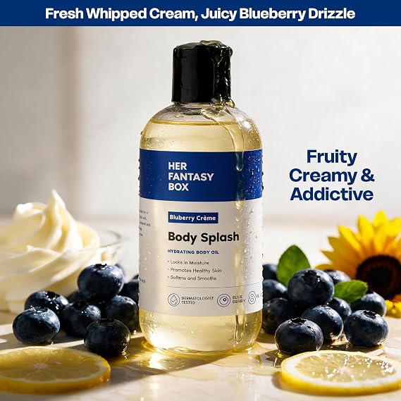 Her Fantasy Box | Body Splash Blueberry Creme Fragrance Oil Fruity Creamy Berry Scent with Vanilla Sugar & Citrus Notes, Lightweight Hydrating Body Oil, Vegan & Cruelty Free