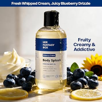 Her Fantasy Box | Body Splash Blueberry Creme Fragrance Oil Fruity Creamy Berry Scent with Vanilla Sugar & Citrus Notes, Lightweight Hydrating Body Oil, Vegan & Cruelty Free