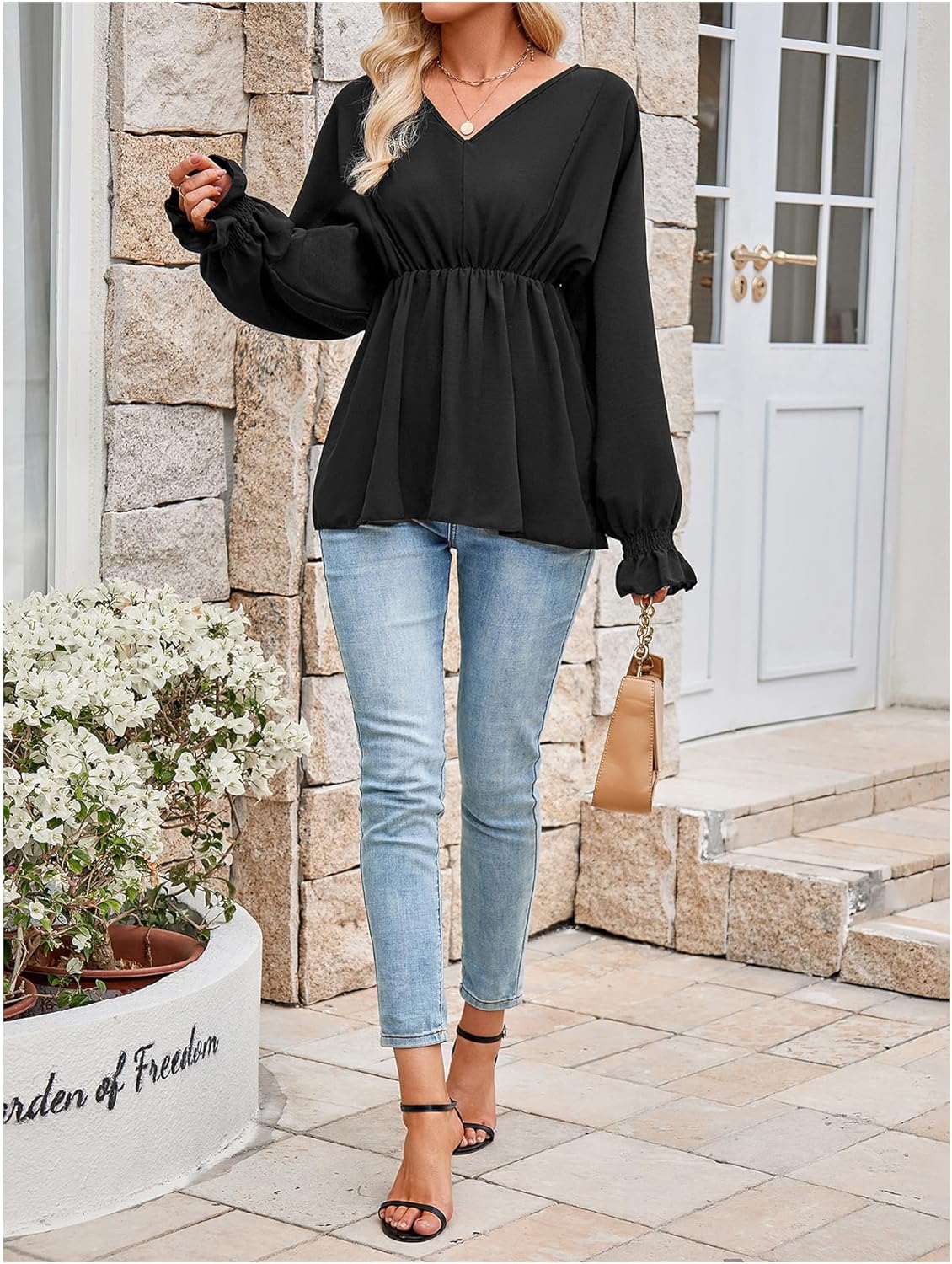 SweatyRocks Women's Bishop Long Sleeve V Neck Ruffled Chiffon Blouse Loose Babydoll Peplum Tops - Image 6