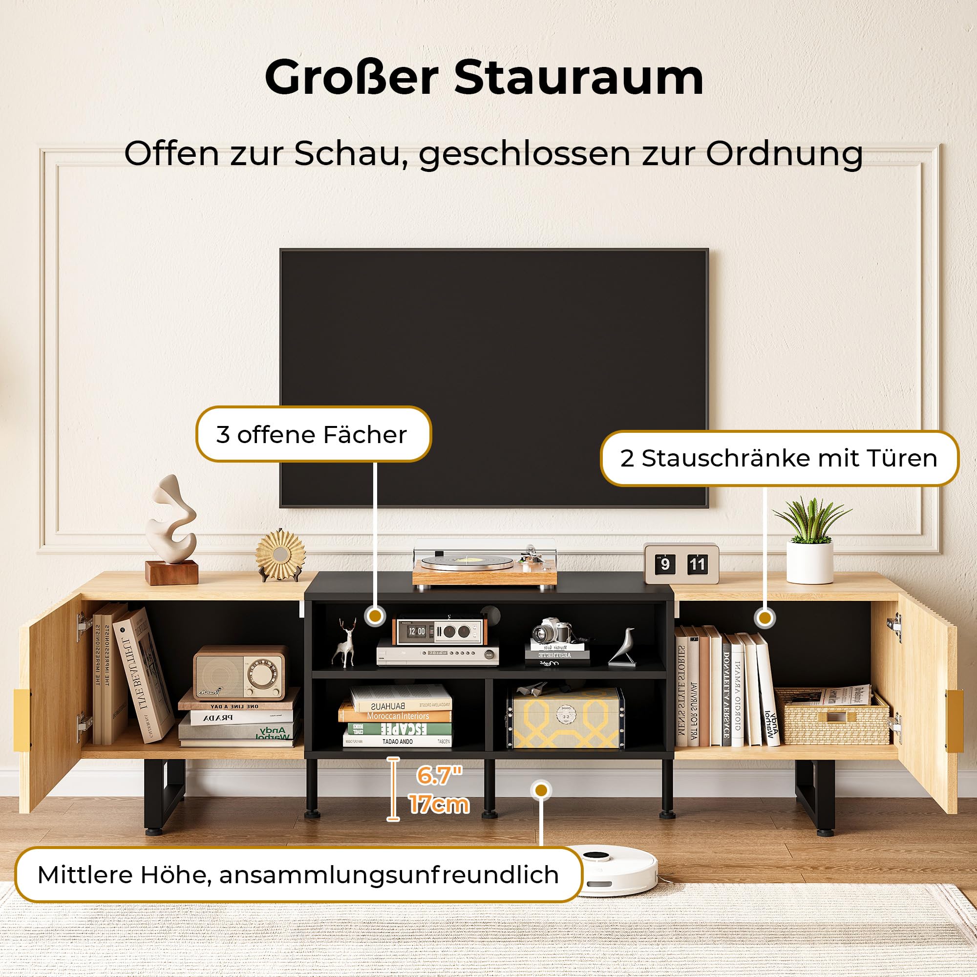 IRONCK TV Schrank 180cm Lowboard für Fernseher bis zu 65/75/80 Zoll, Fernsehtisch mit 2 Türen 3 offenen Fächern, Fernsehschrank Holz, Modern TV Board für Wohnzimmer, Schlafzimmer (Walnussholz)