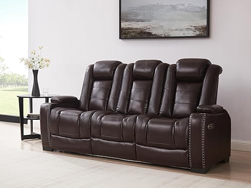 Miniatura 29 de THSUPER Juego de sofás reclinables eléctricos de cuero marrón tipo loveseat con almacenamiento en brazos y reposacabezas eléctrico, juego de sofá