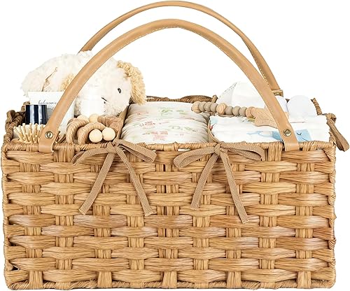 Organizador de pañales, cesta de almacenamiento de ratán de mano para artículos esenciales del bebé, organizador de cambiador de bebé, asistente